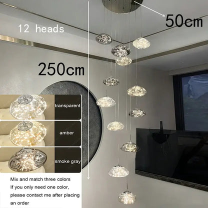 Modern cloud glass crystal pendant chandelier 250cm with twelve transparent amber and smoke gray glass heads for dining room focal point