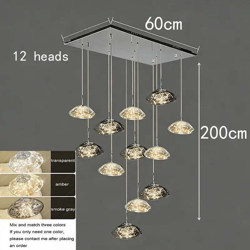 Modern cloud glass crystal pendant chandelier with twelve amber transparent and smoke gray lamp heads as focal point