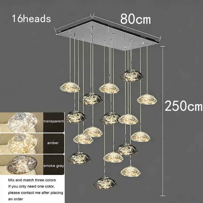 Modern cloud glass crystal pendant chandelier with sixteen transparent amber and smoke gray lights as focal point