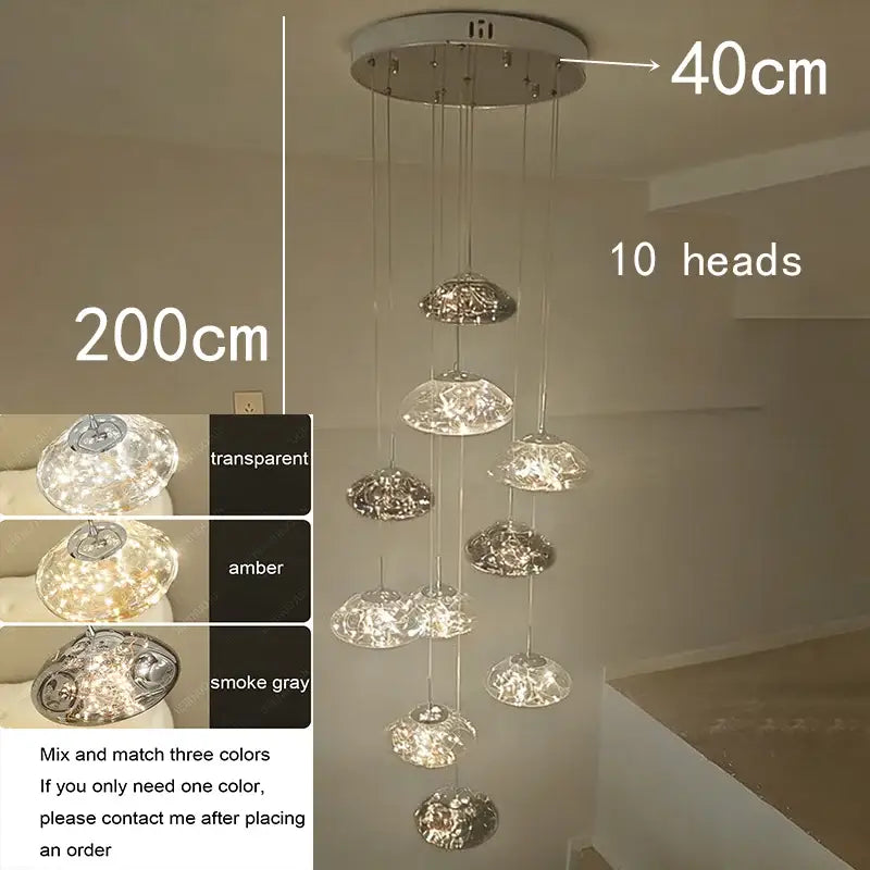 Modern cloud glass crystal pendant chandelier with ten transparent, amber, or smoke gray lights as a dining room focal point