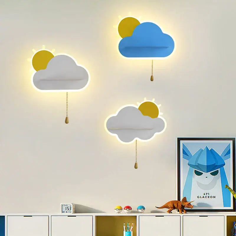 Modern cloud wall lamps with yellow sun accents and wooden pull chains for childrens bedroom wall lamps decorbites cloud wall