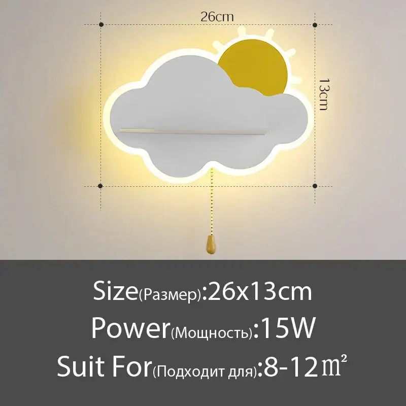 Modern cloud wall lamps with wooden pull chain featuring a yellow sun peeking behind a white cloud for childrens bedroom decorbites cloud wall