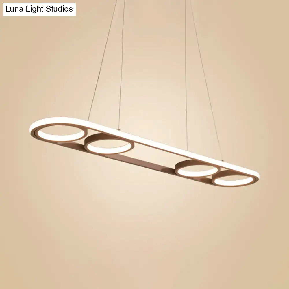 Modern coffee led ceiling pendant light with metal island lighting features a sleek rectangular frame and four led rings
