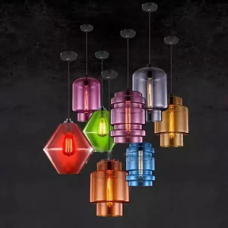 A collection of modern colorful geometric glass pendant lights with exposed filament bulbs for kitchen lighting decorbites geometric glass pendant lights