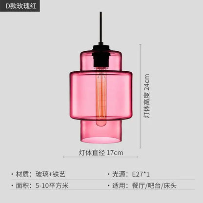 Modern colorful geometric glass pendant light with tiered pink translucent glass and black iron for kitchen lighting decorbites pendant light