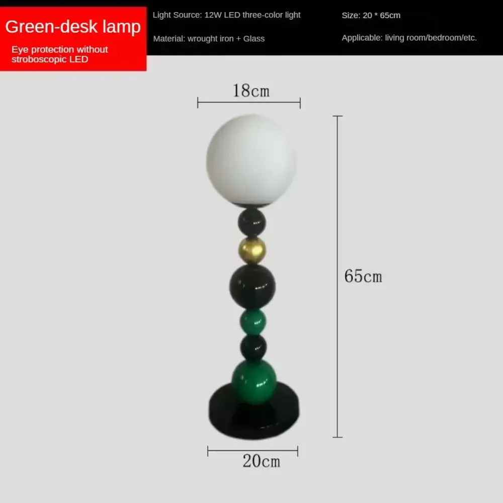 Modern colorful glass ball floor lamp with green desk lamp top and stacked black gold emerald beads on wrought iron base