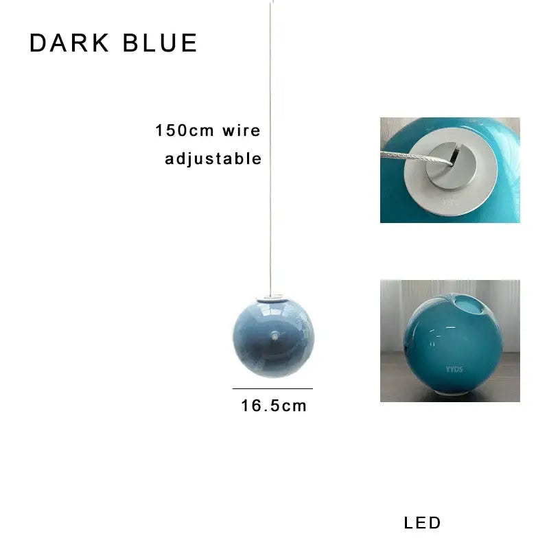 Modern colorful glass ball pendant light featuring a dark blue glass ball pendant with 150cm adjustable wire and glossy finish