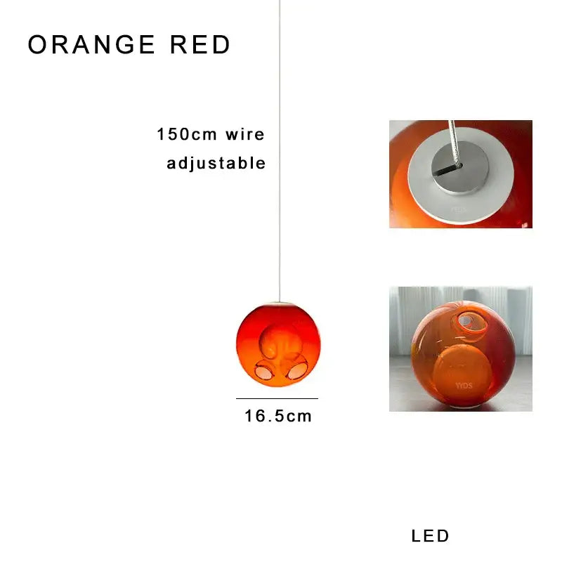 Modern colorful orange red glass ball pendant light with 16.5cm diameter and adjustable 150cm wire suspension decorbites glass ball