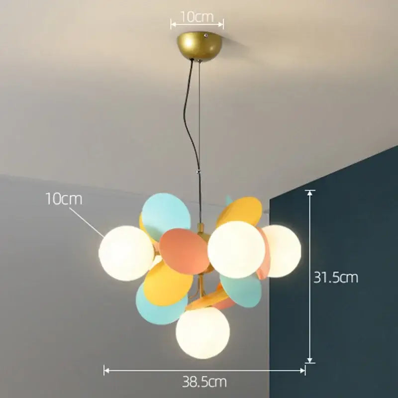 Modern colorful glass decorbites branch chandelier with brass mount and white yellow orange teal spherical shades for living room