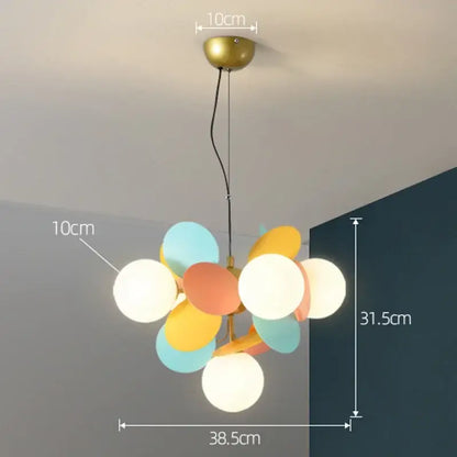 Modern colorful glass decorbites branch chandelier with brass mount and white yellow orange teal spherical shades for living room