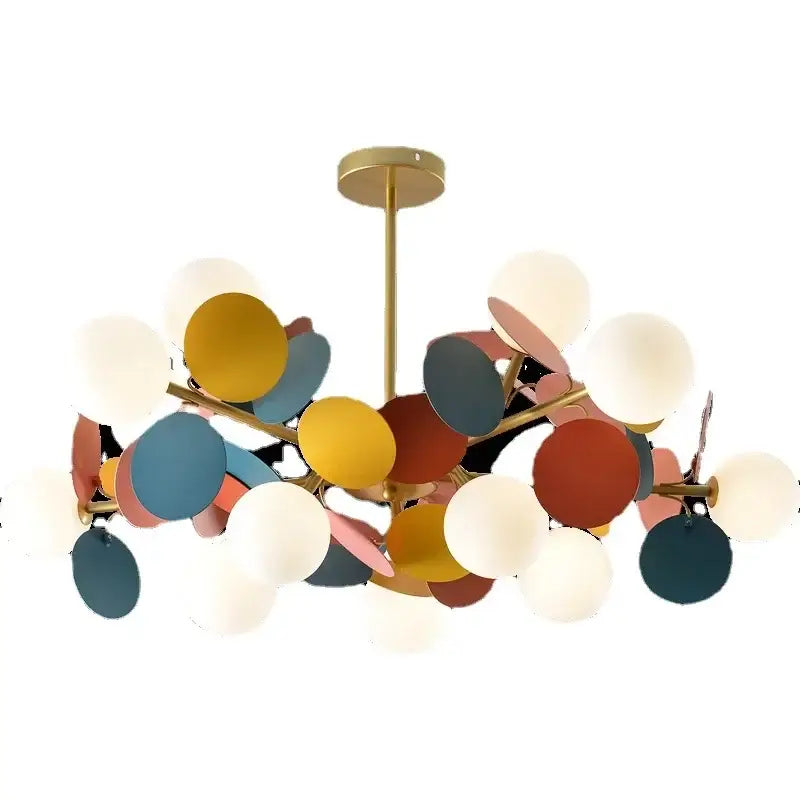 A modern decorbites branch chandelier with gold metal frame and colorful glass shades for living room decor