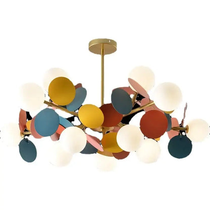 A modern decorbites branch chandelier with gold metal frame and colorful glass shades for living room decor