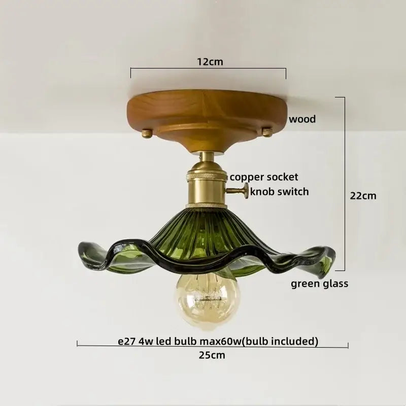 Modern colorful glass led ceiling lamp with a wooden base brass socket and green wavy shade by decorbites colorful glass