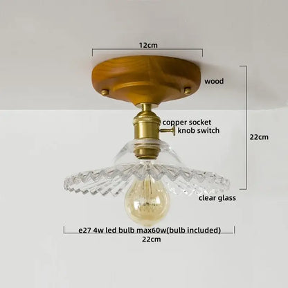 Modern colorful glass led ceiling lamp with warm wood base brass socket clear scalloped glass shade includes e27 bulb