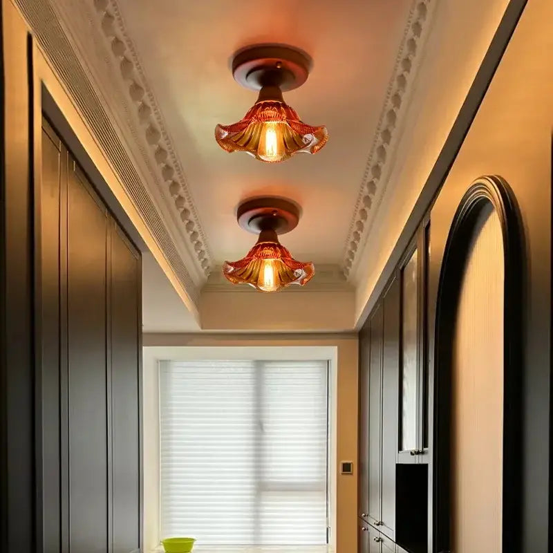 Modern colorful glass led ceiling lamp featuring warm amber fluted pendant lights with dark metal fixtures decorbites colorful glass