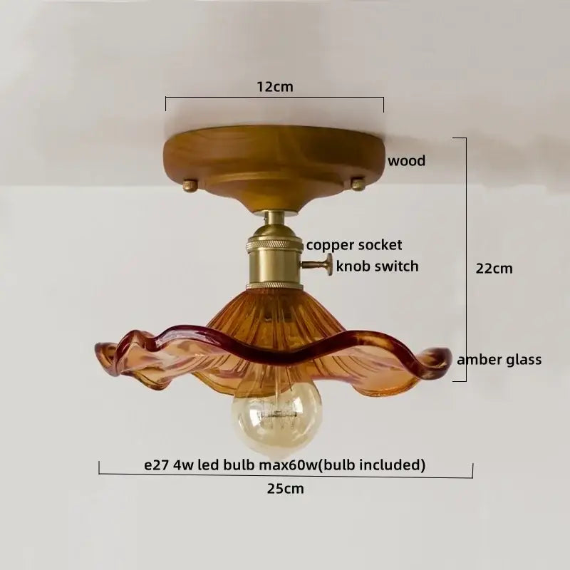Modern colorful glass led ceiling lamp with warm amber glass, wooden base, and brass accents for living room decorbites colorful glass