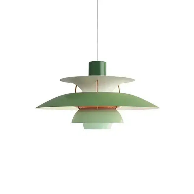 Modern green tiered led pendant light with layered overlapping shades and cylindrical top for kitchen and living room use