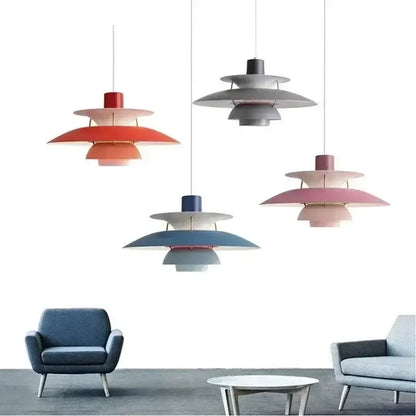 Modern colorful layered led pendant light in red gray blue and pink with sleek metallic finish for kitchen and living room
