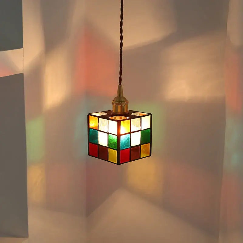 Modern colorful led glass cube pendant light with brass fixture and twisted cord by decorbites for kitchen decor
