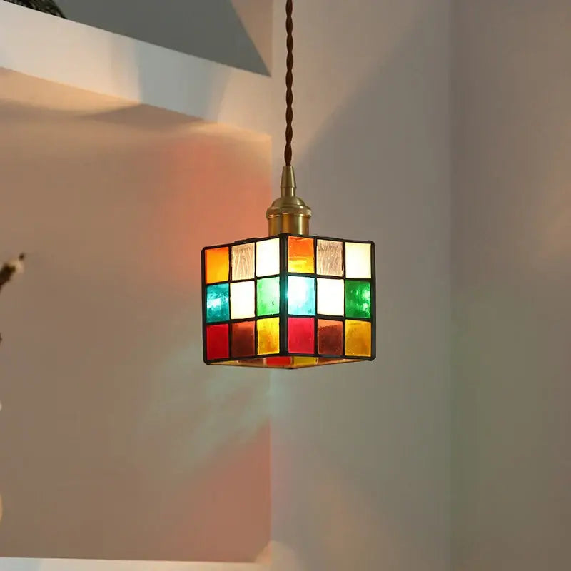 Modern colorful led glass cube pendant light with brass fixture and twisted cord for kitchen decorbites colorful led decor