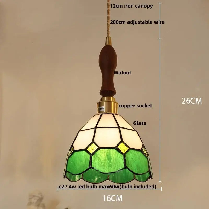 Green and white stained glass pendant light with walnut iron canopy from decorbites colorful led glass collection