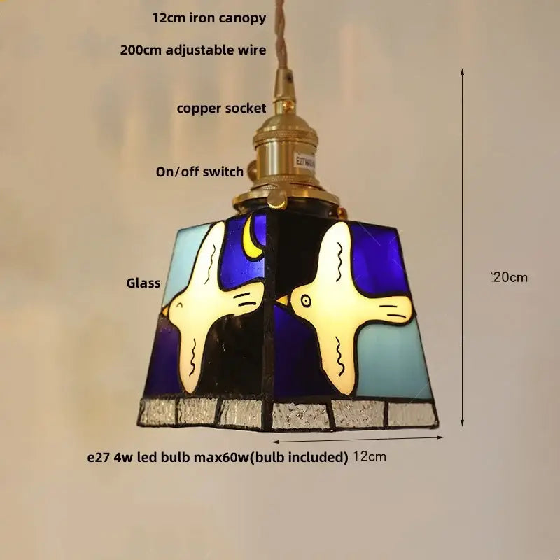 Modern colorful led glass cube pendant light with stained glass birds, iron canopy, and copper socket decorbites colorful led