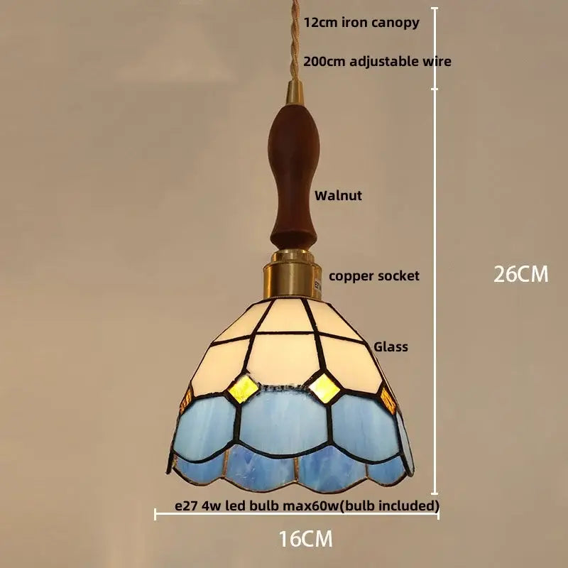 Modern colorful led glass cube pendant light featuring tiffany-style stained glass with walnut handle and copper socket