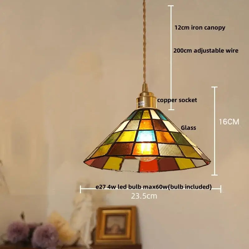 Modern colorful led glass pendant light with stained glass cube design copper socket and iron canopy for kitchen decorbites colorful led