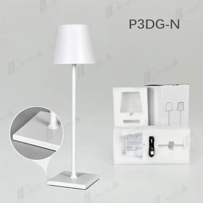 White minimalist table lamp with cylindrical base and conical shade crystal led rechargeable decorbites crystal led