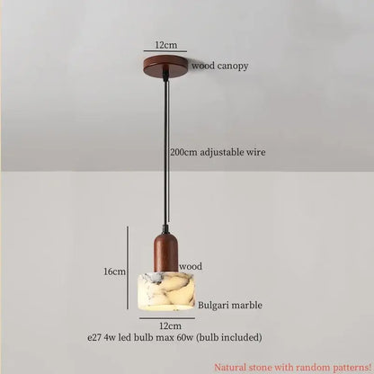 Modern colorful stone led pendant lamp with wooden canopy and natural bulgari marble shade for dining room decorbites colorful stone
