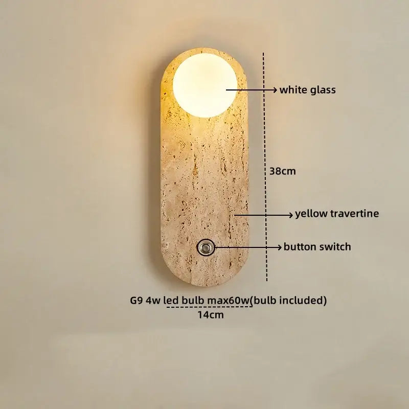 Modern concrete and wood led wall sconce with warm glow white glass lens and yellow travertine base decorbites led wall sconce