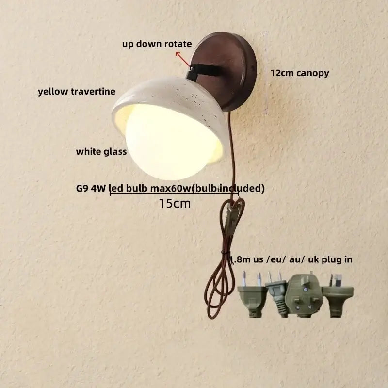 Modern concrete and wood led wall sconce with a white glass shade, yellow travertine canopy, and dark brown metal base