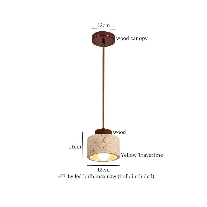 Rustic pendant light with warm wood canopy and led yellow travertine cylindrical shade for modern kitchen decorbites led yellow