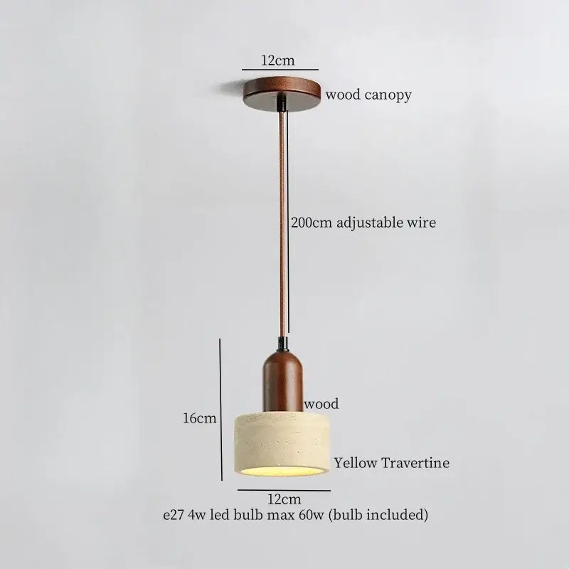 A rustic pendant light with a warm wood canopy, adjustable bronze wire, and led yellow travertine cylindrical shade