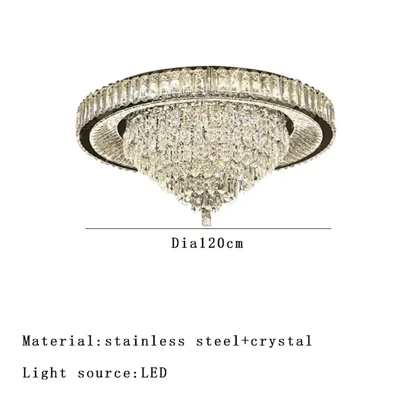 Modern cone crystal ceiling chandelier with sleek stainless steel frame and cascading crystals illuminated by led lights