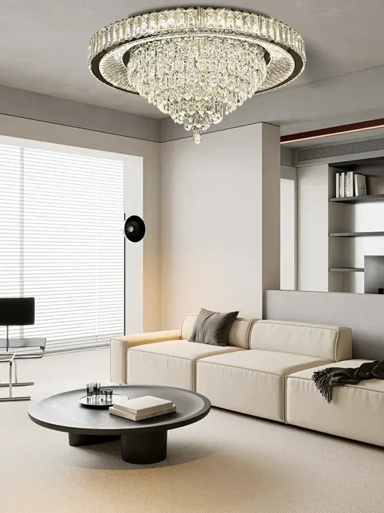 A modern cone crystal ceiling chandelier with clear crystal droplets and metallic rings for luxury living room decorbites cone crystal