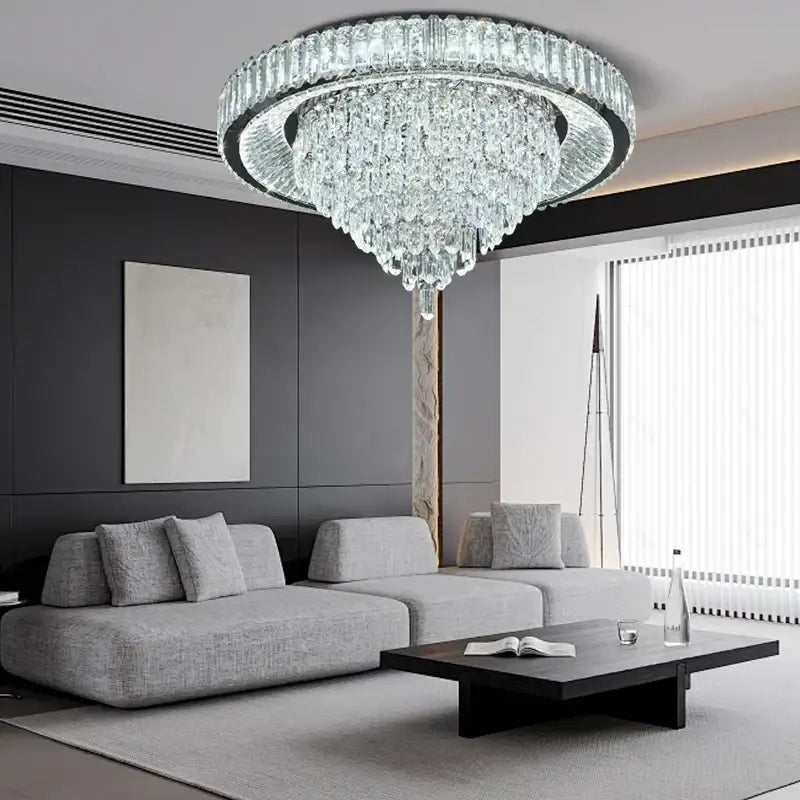 Modern cone crystal ceiling chandelier with circular frame and cascading clear crystals for luxury living room decorbites cone crystal