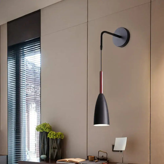 Modern conical black wall lamp with red accent rod matte finish 12 inch fixture ideal for bedroom single bulb lighting
