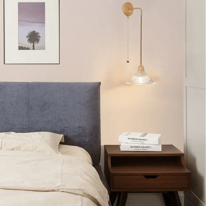 Modern warm-toned wall sconce with wooden base, brass arm, clear glass pull chain switch, and pull chain feature