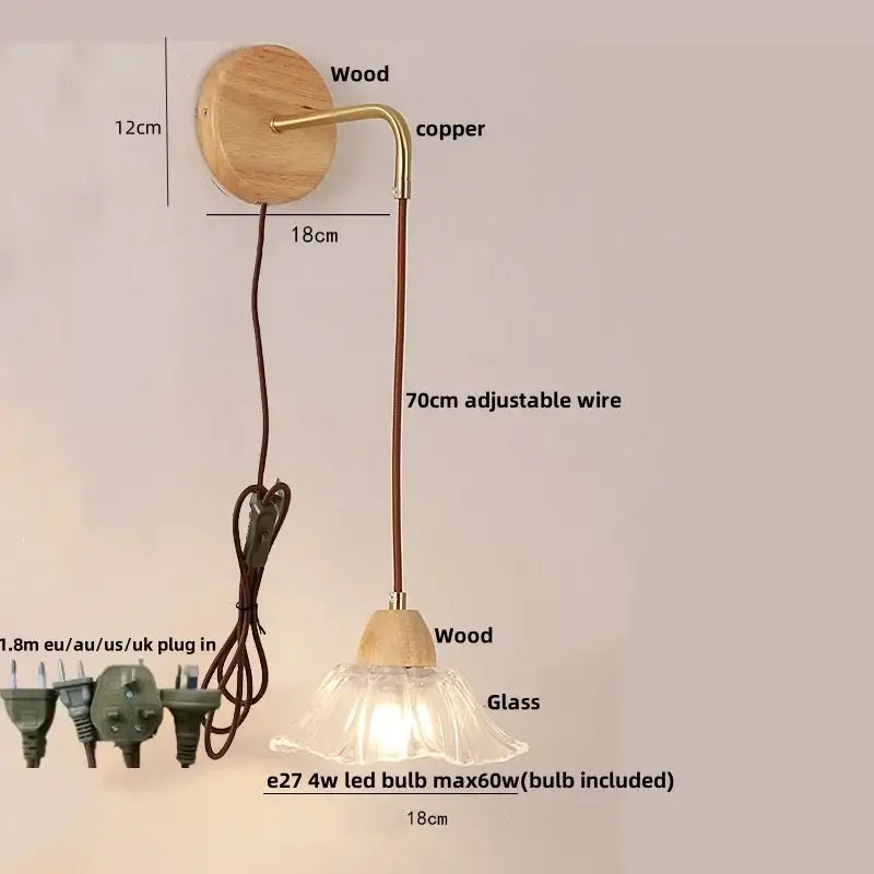 Modern copper and wood wall sconce with clear glass bell shade, brass arm, wooden base, and pull chain switch