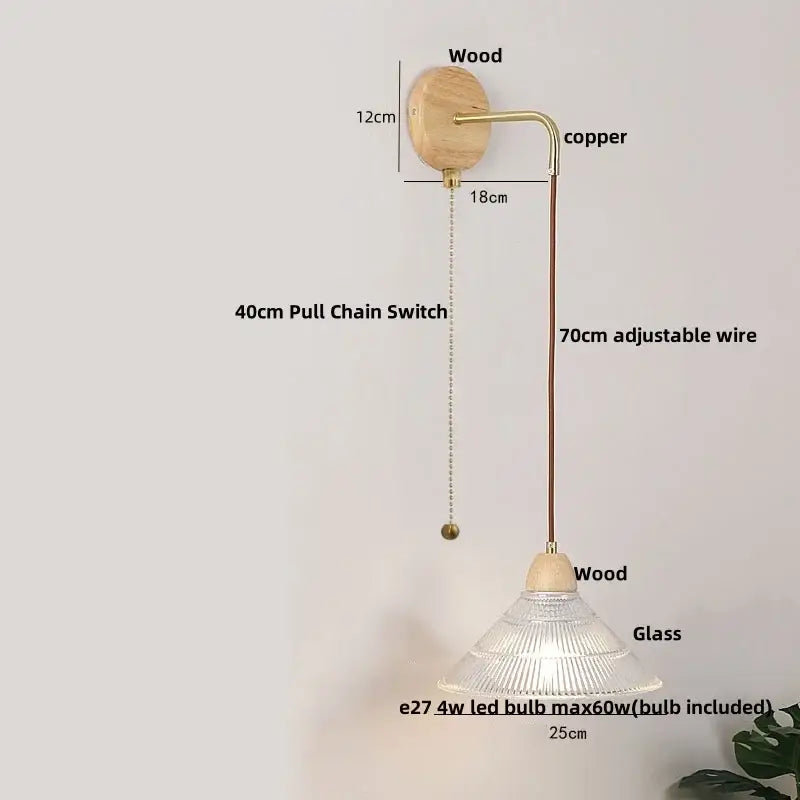 Modern copper and wood wall sconce with clear glass shade, pull chain switch, and adjustable 70cm wire