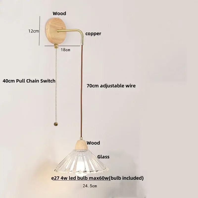 Modern copper and wood wall sconce with clear glass pendant lamp and pull chain switch featuring wooden accents
