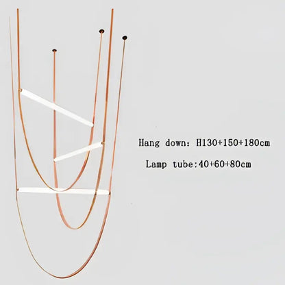 Modern copper decorbites leather belt chandelier with minimalist white rectangular light tubes for dining room lighting