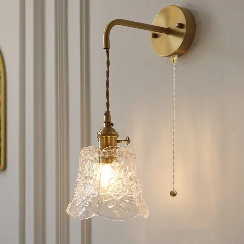 Modern copper led wall light fixture with vintage brass sconce and clear etched glass shade featuring floral patterns