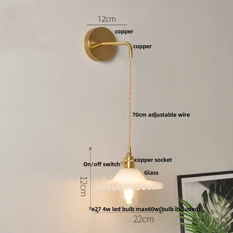 Gold copper wall lamp with frosted etched glass shade and adjustable wire for modern bedroom led wall light fixture