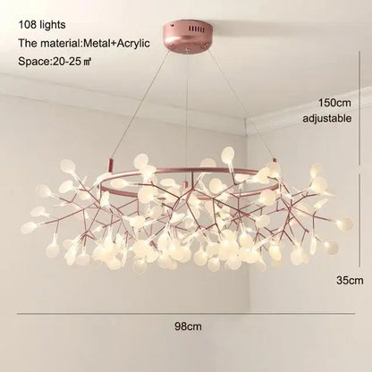 Modern copper heracleum chandelier with rose gold metal and acrylic featuring 108 lights in dining room firefly decorbites design