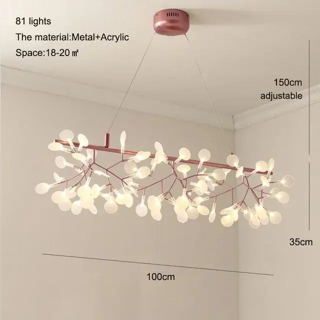 A modern rose gold heracleum chandelier with 81 glowing acrylic leaf lights by decorbites for dining room decor