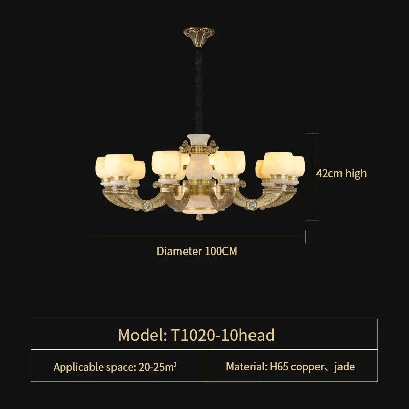 Elegant copper jade chandelier with gold-toned frame, ten frosted glass shades, and jade accents for living room lighting