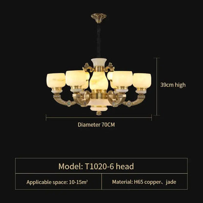 Elegant six-arm copper jade chandelier with golden h65 copper frame and jade shades for living room lighting