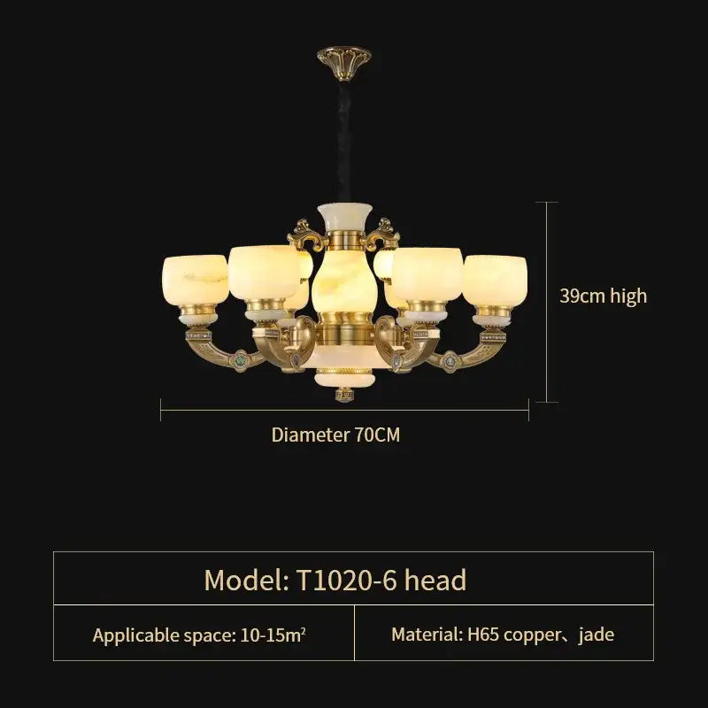 Elegant six-arm copper jade chandelier with golden h65 copper frame and jade shades for living room lighting